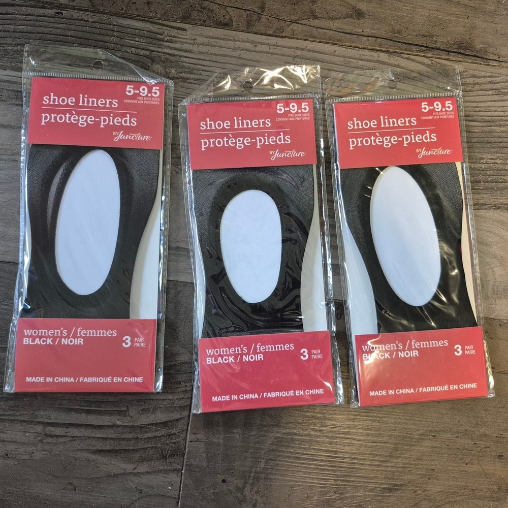 3pk Juncture Womens Black Shoe Liners No Show Socks Size 5-9.5 9 Pairs Total